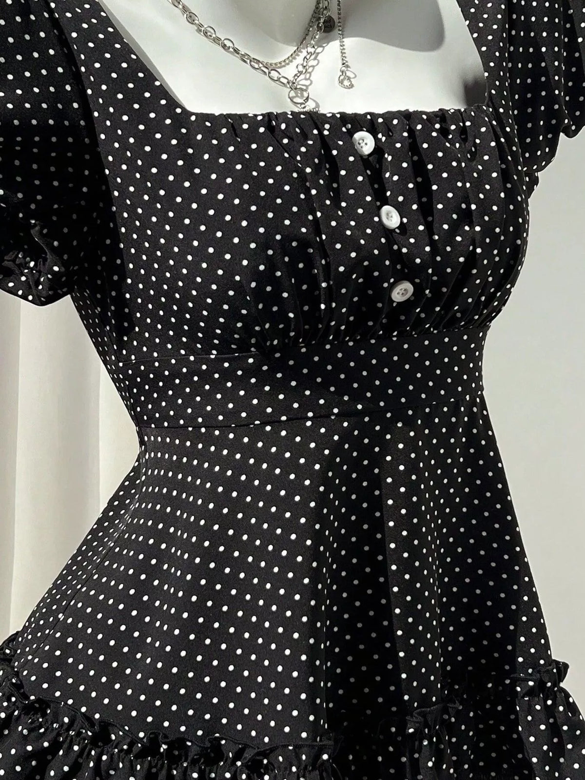 Polka Dot Square Neck Puff Sleeve Peplum Blouse