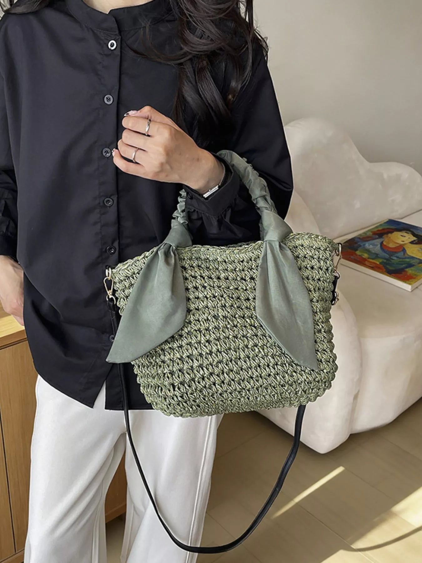 Woven Ruched Handle Crossbody Bag