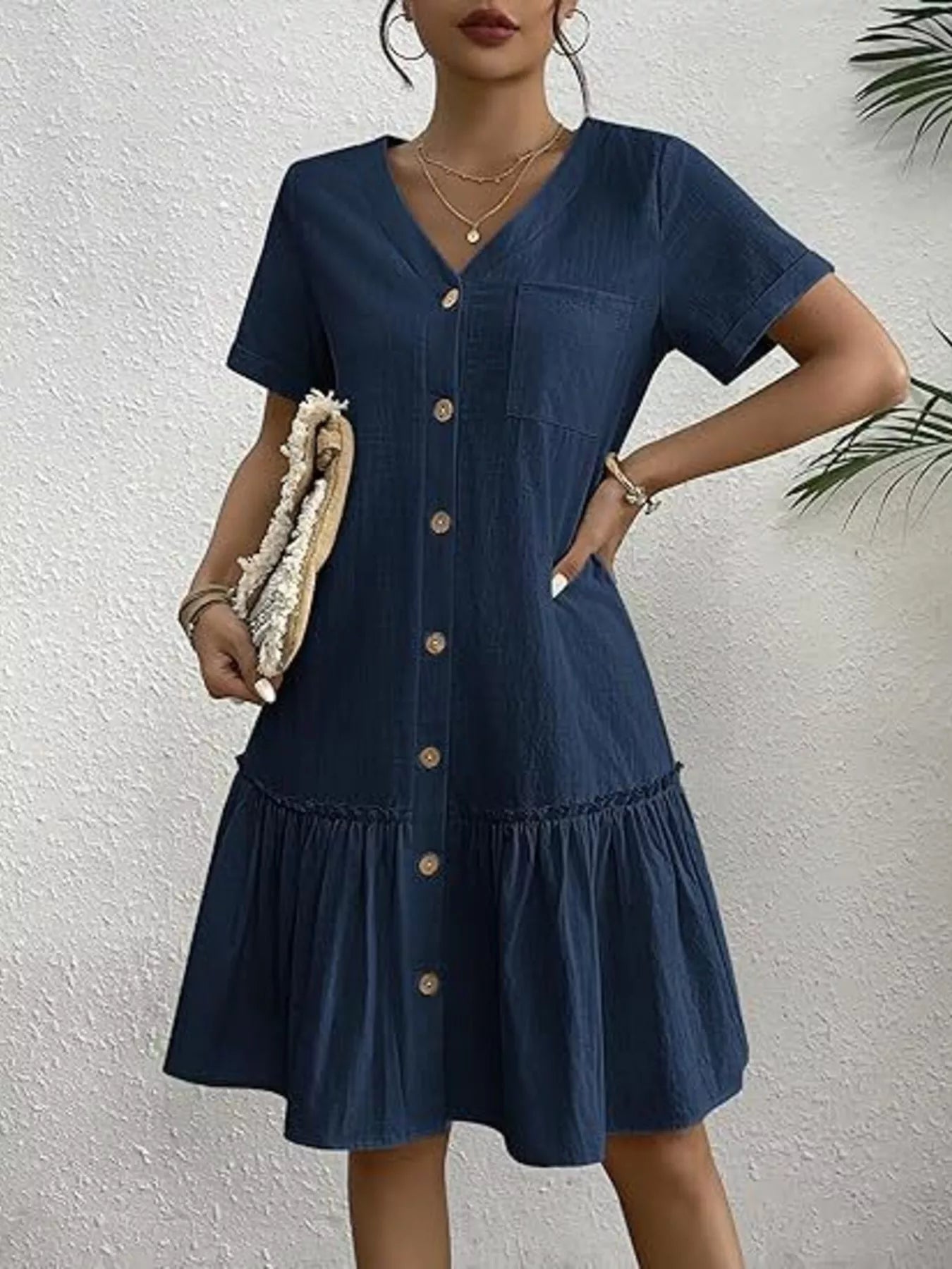 Full Size Button-Down Ruffle Hem Mini Dress Plus Size