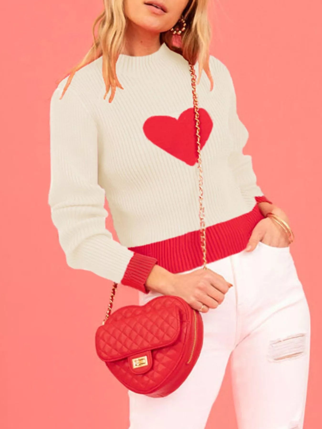 Color-Block Heart Pattern Ribbed Knit Sweater