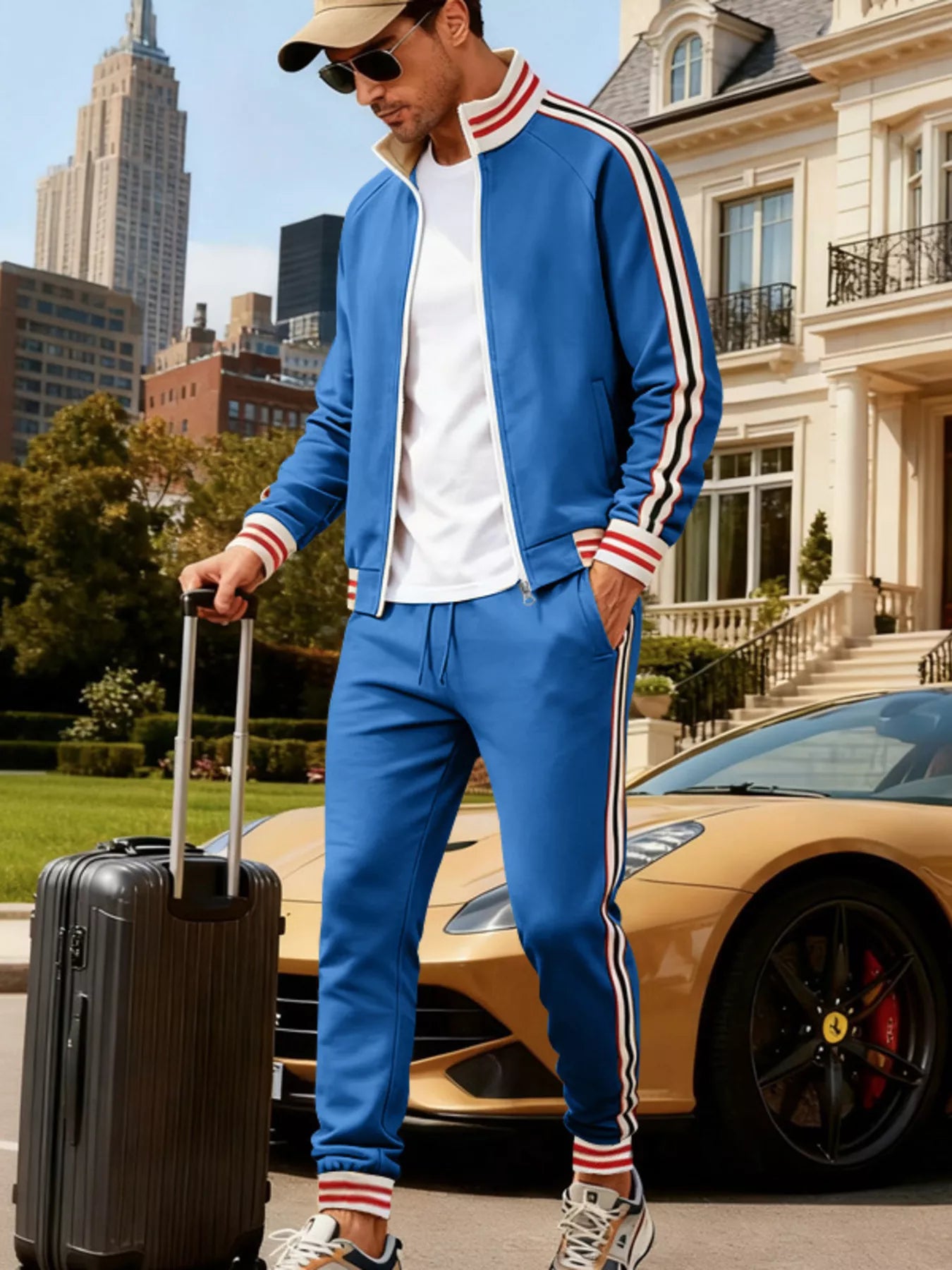 Men's Full Size Striped Zip Up Outerwear and Pants Plus Size