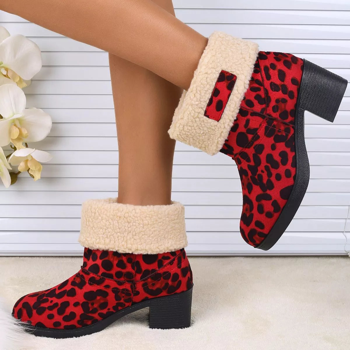 Plush Cuff Block Heel Boots