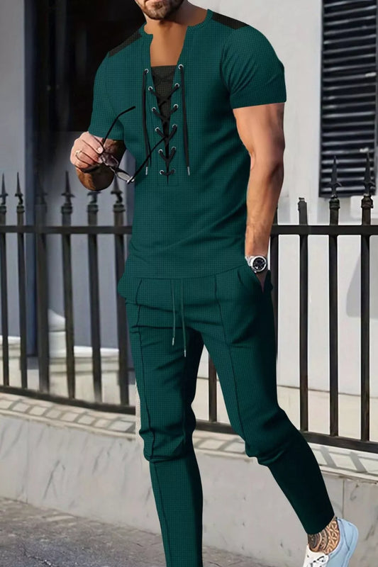 Men's Full Size Lace-Up Front Top and Pants Casual Set Plus Size