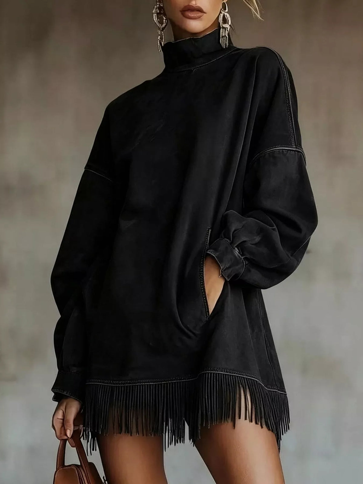 Suede Mock Neck Fringed Mini Dress