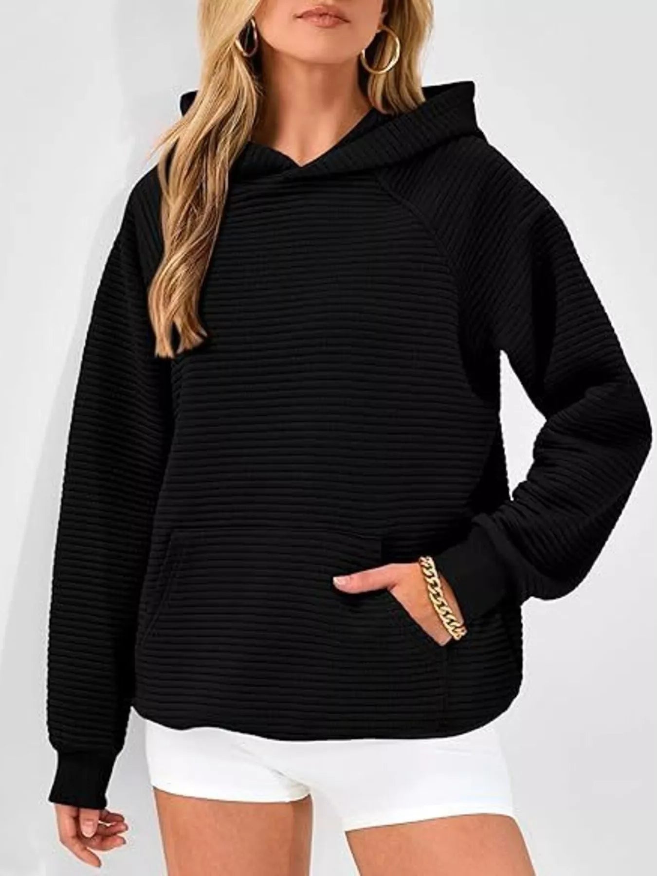 Texture Kangaroo Pocket Raglan Sleeve Hoodie