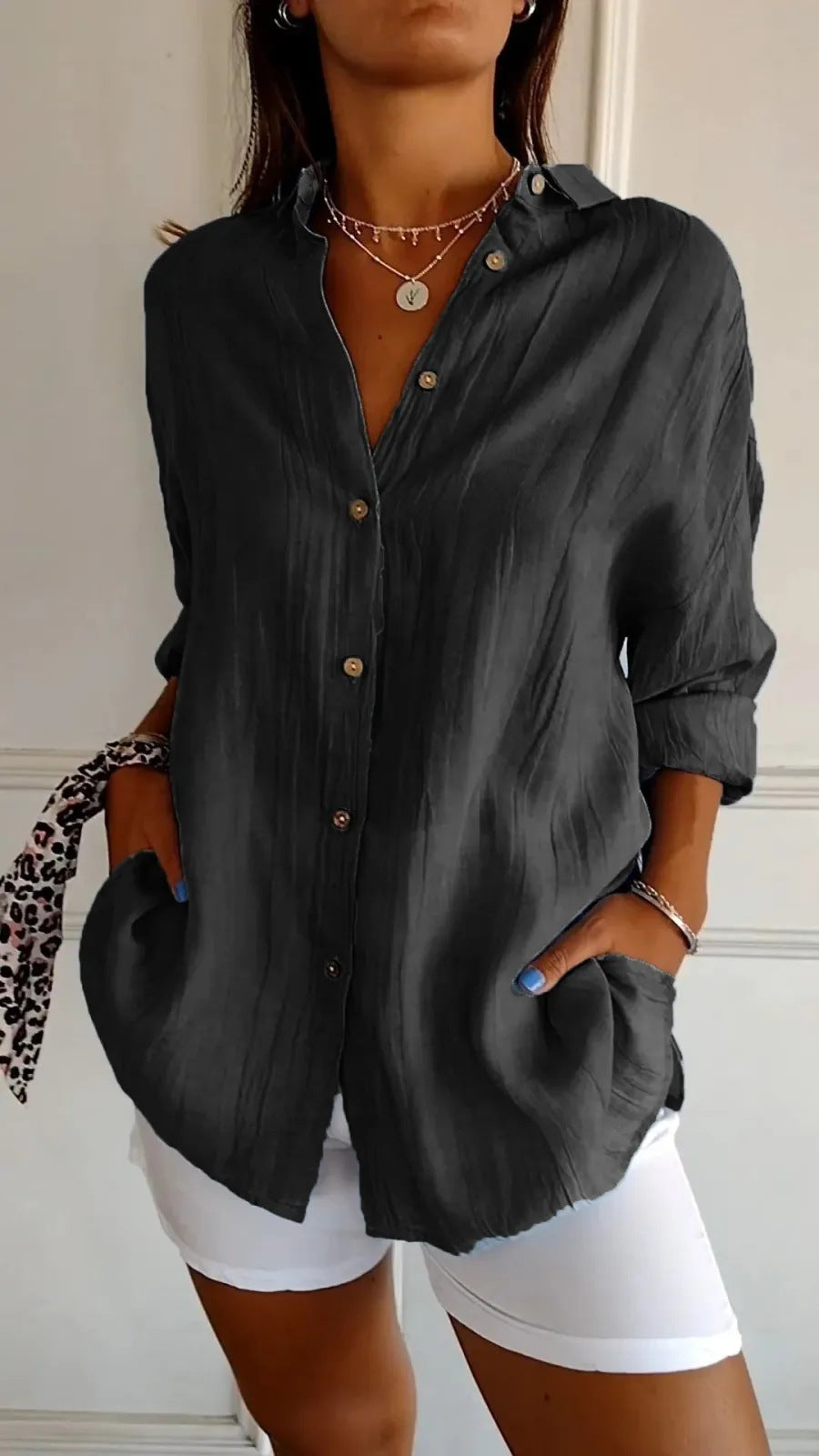 Women's Oversized Lapel Button-Down Shirt with Pleated Back