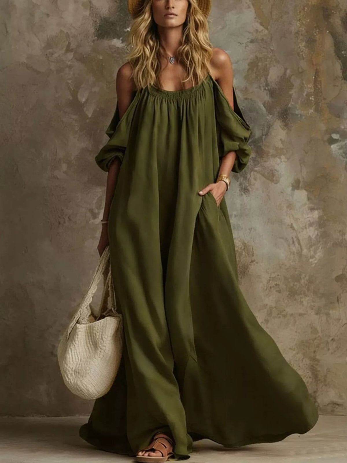 Full Size Cold-Shoulder Linen Maxi Dress Plus Size