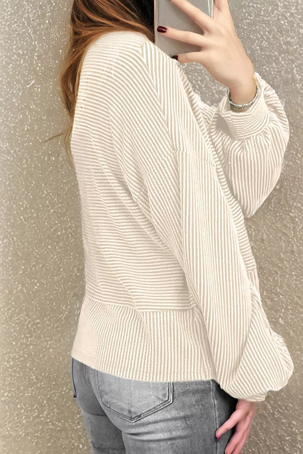 Corded Texture Lantern Sleeve Buttons Henley Sweatsuit