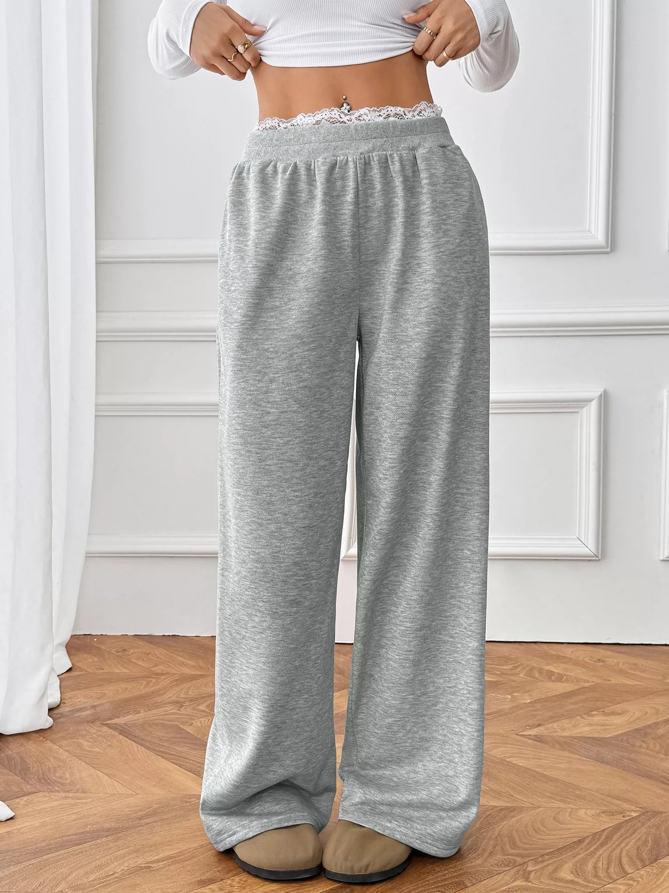 Lace Detail Wide Leg Casual Pants