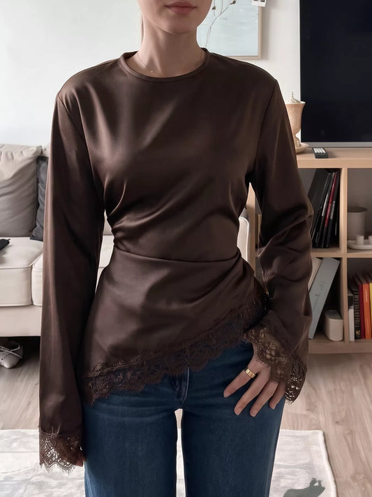 Lace Trim Long Sleeve Satin Blouse
