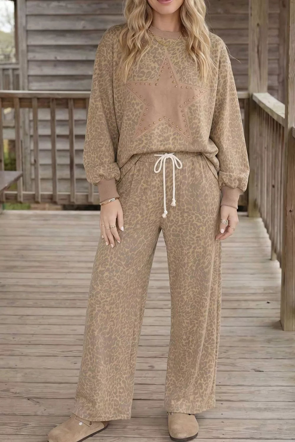 Leopard Print Star Embellished Sweatshirt and Pants Set