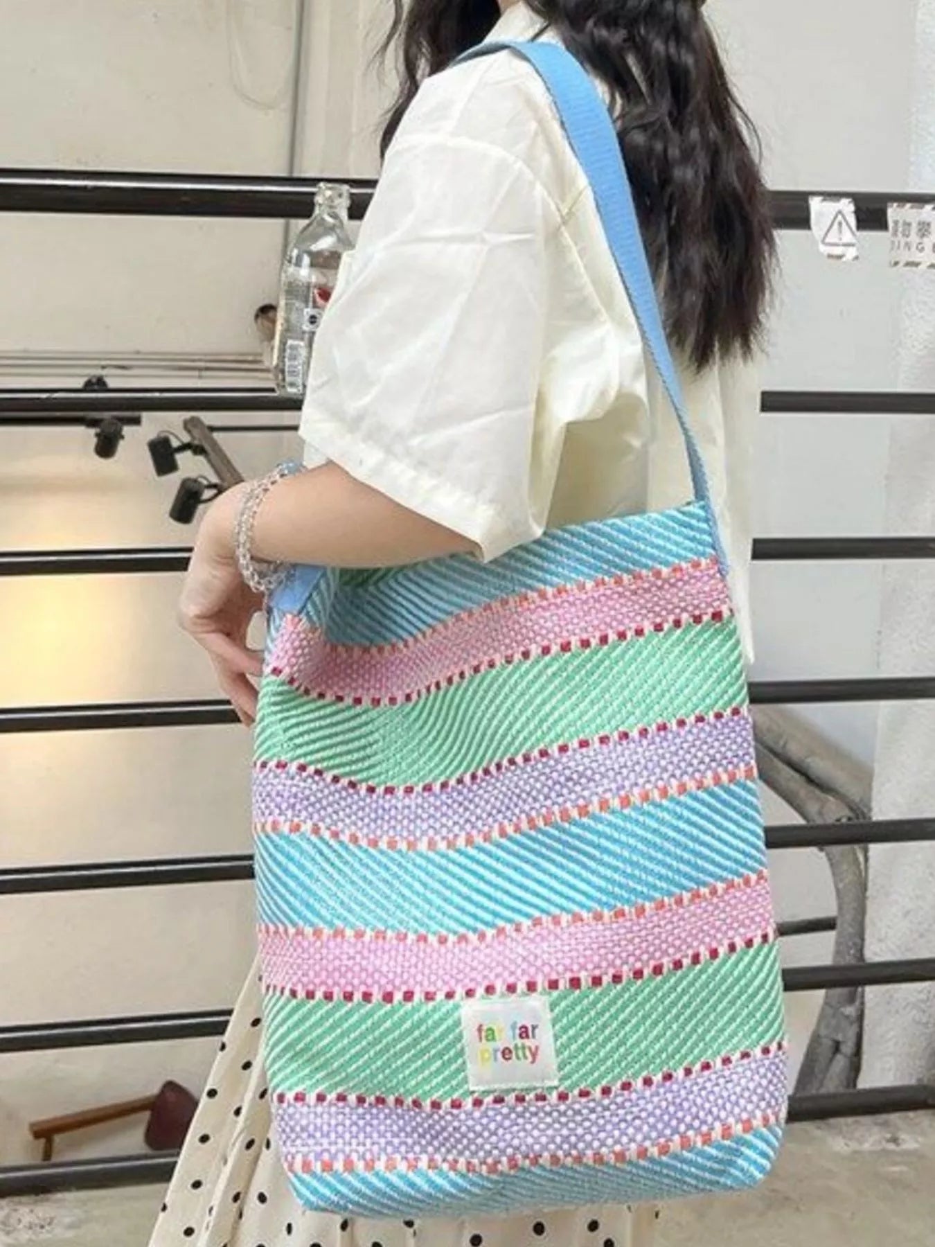 Striped Woven Shoulder Bag with Adjustable Strap
