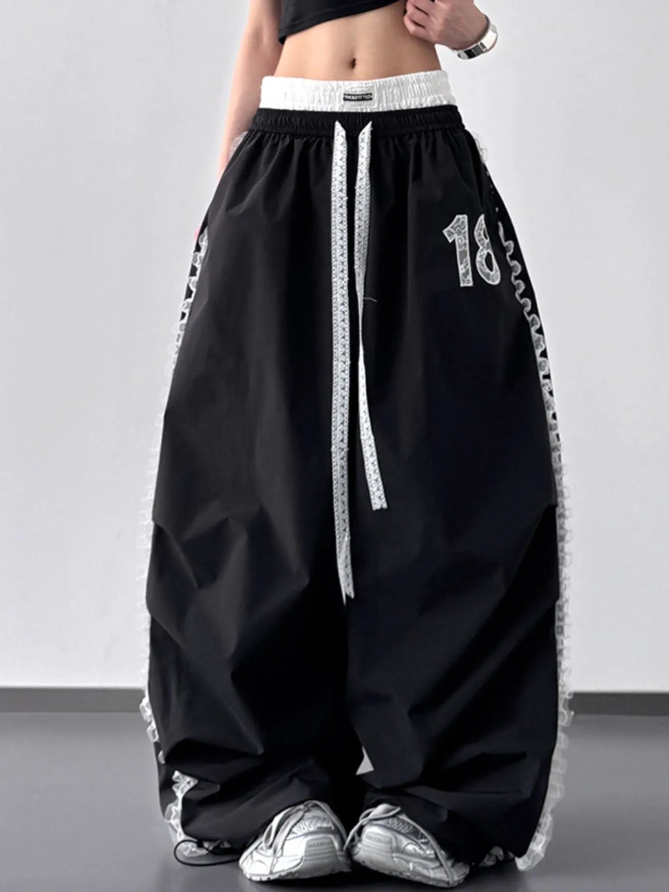 Lace Detail Drawstring Wide Leg Pants