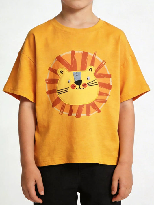 Children's Lion Embroidered Round Neck T-Shirt