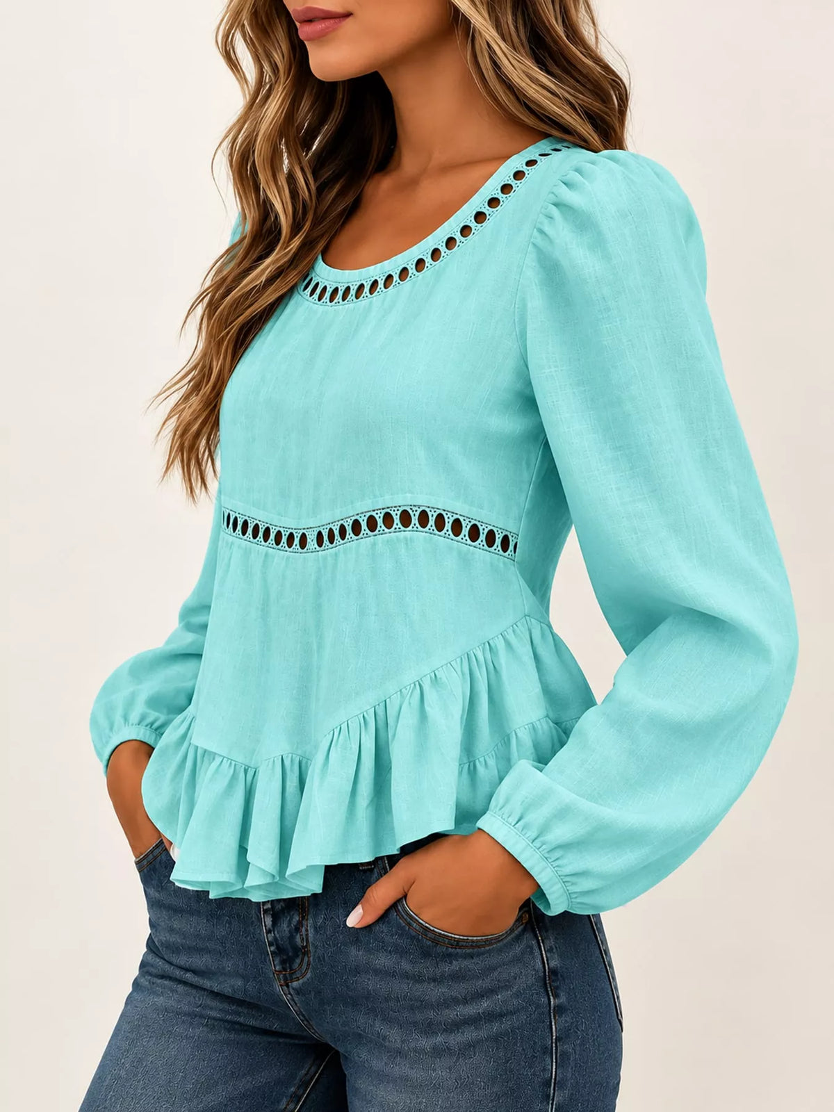Long Sleeve Blouse with Eyelet Lace Trim and Ruffled Hem