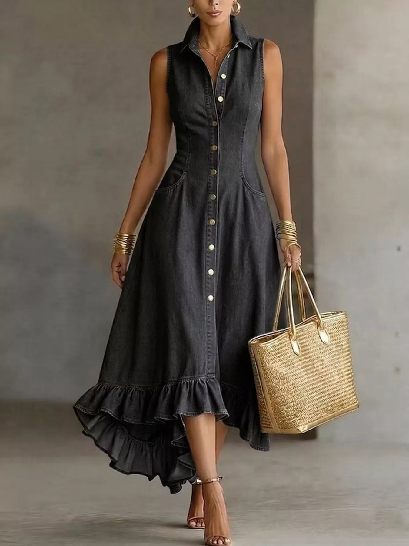 Full Size Sleeveless Ruffled Hem Denim Dress Plus Size