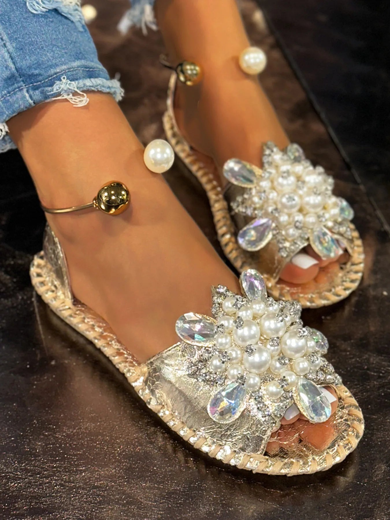 Pearl Crystal Embellished Flat Sandals