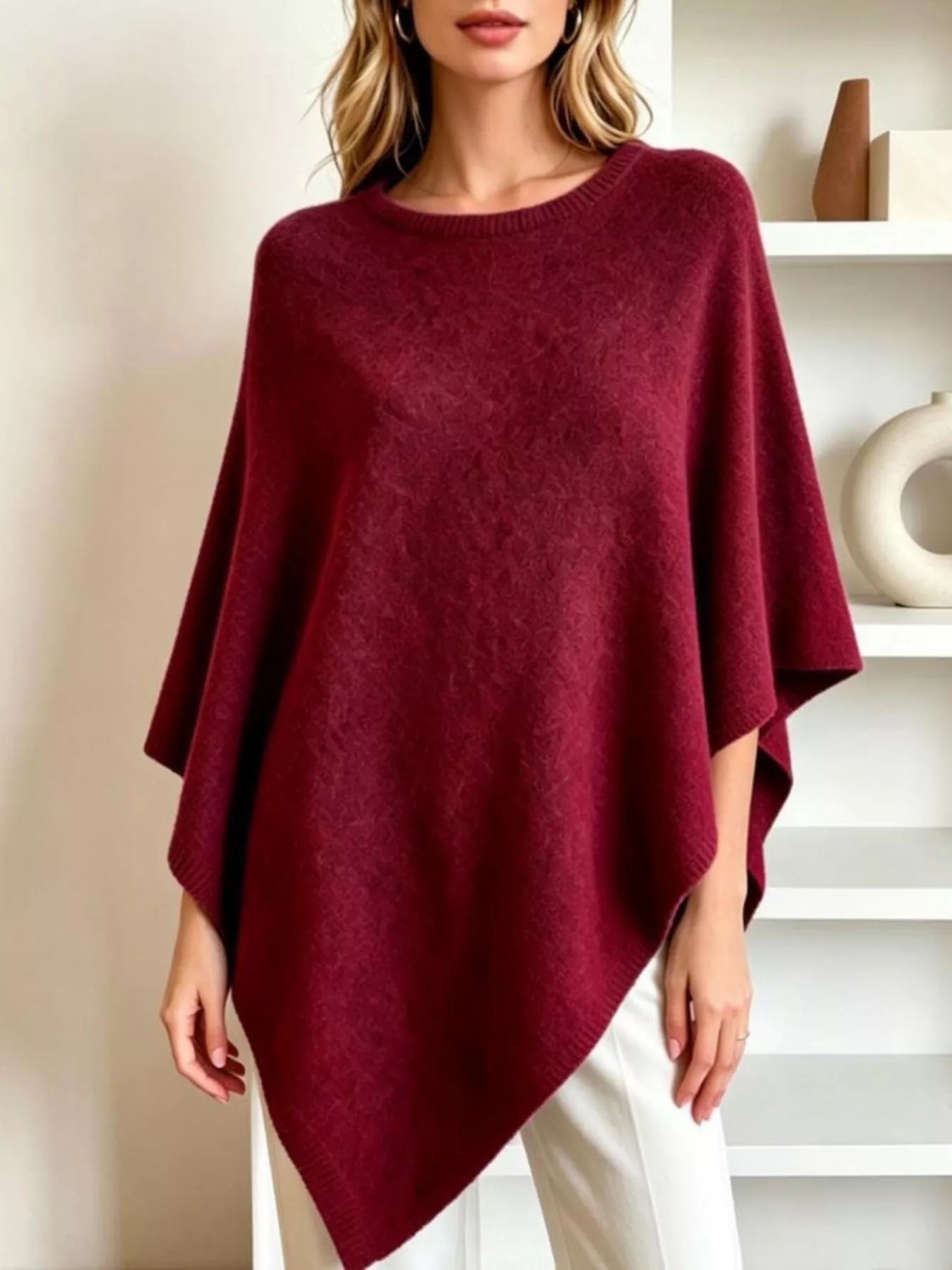 Asymmetrical Hem Knit Poncho
