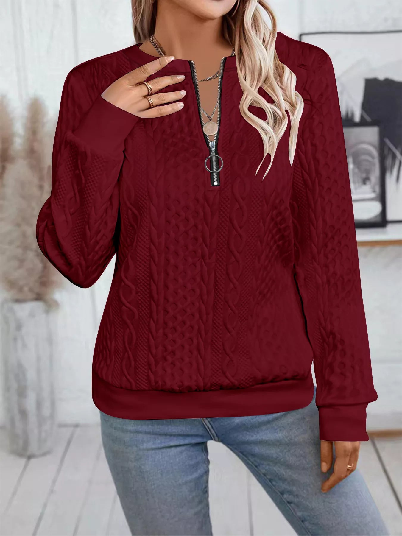 Chic Cable Texture Quarter-Zip Sweatshirt