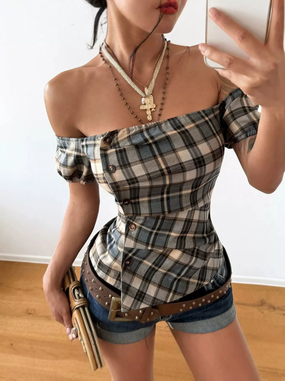 Off-Shoulder Plaid Blouse