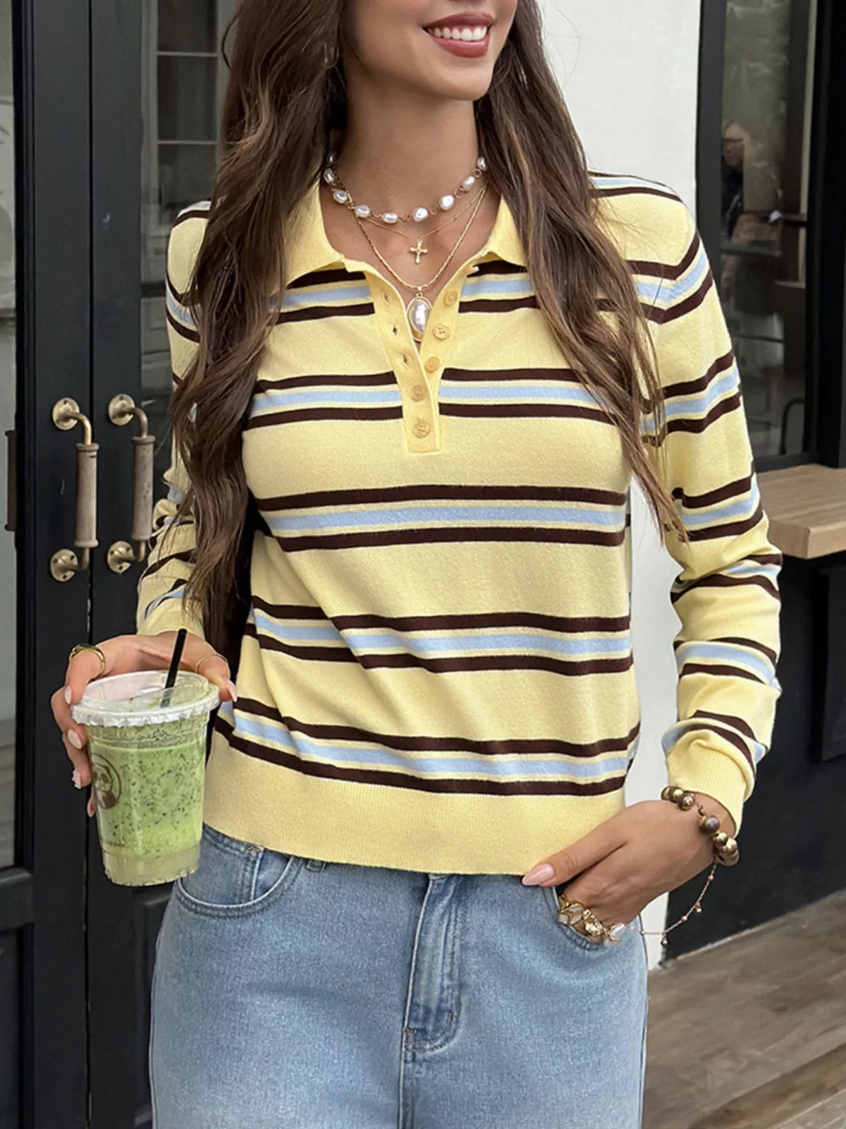 Striped Polo Collar Knit Top