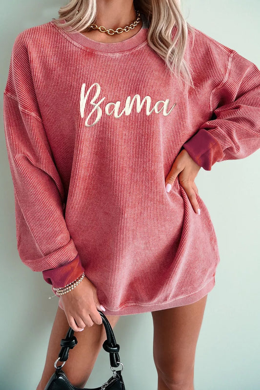 Corded Ribbed Bama Embroidered Letter Graphic Sweatshirt