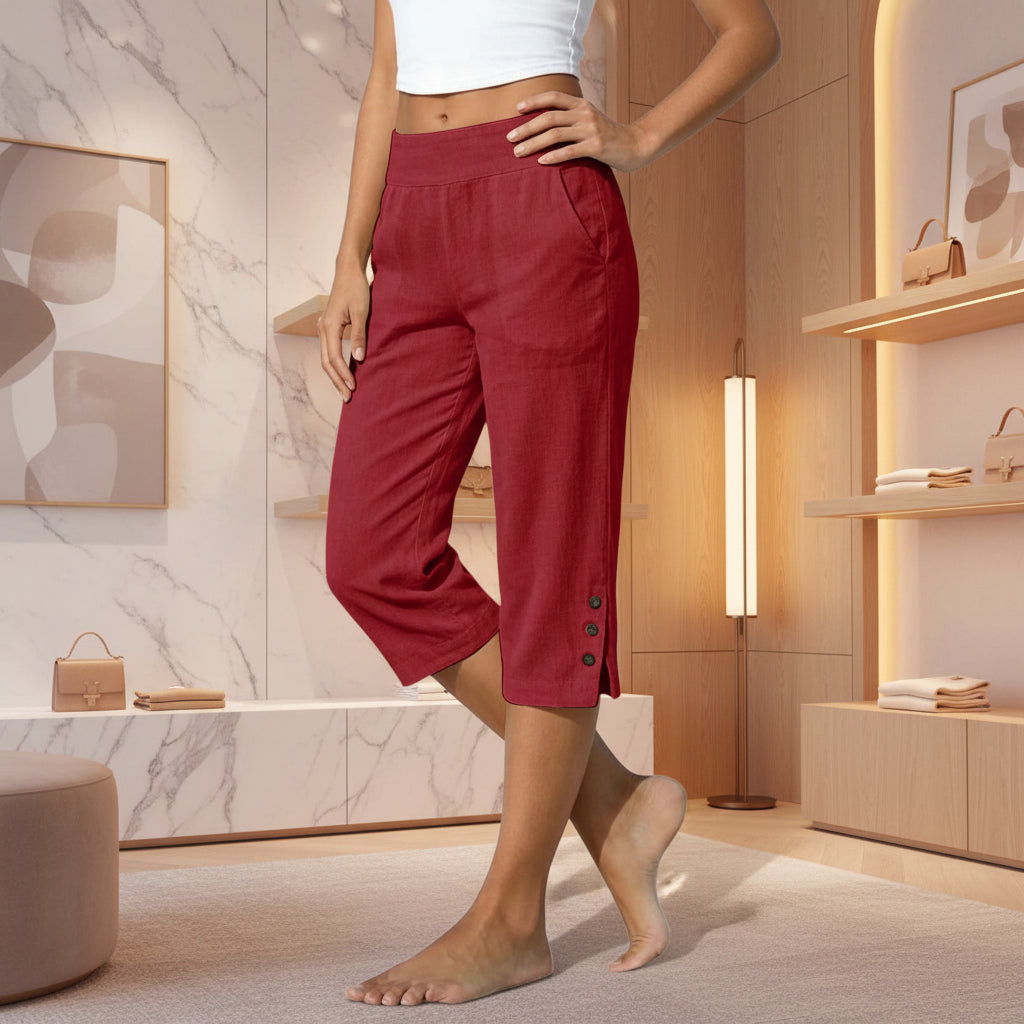 Women's High-Waist Cropped Straight-Leg Pants – Button Detail Slit Front