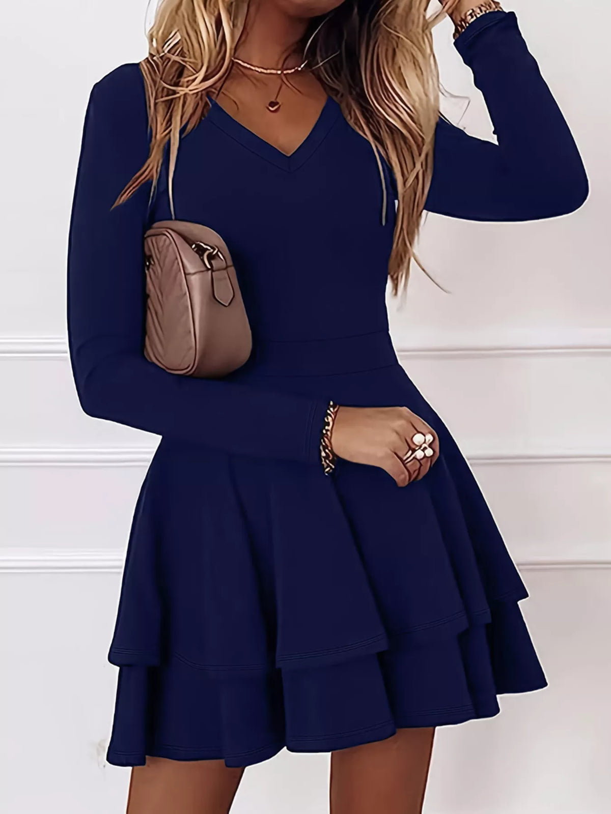 V-Neck Long Sleeve Layered Ruffle Mini Dress