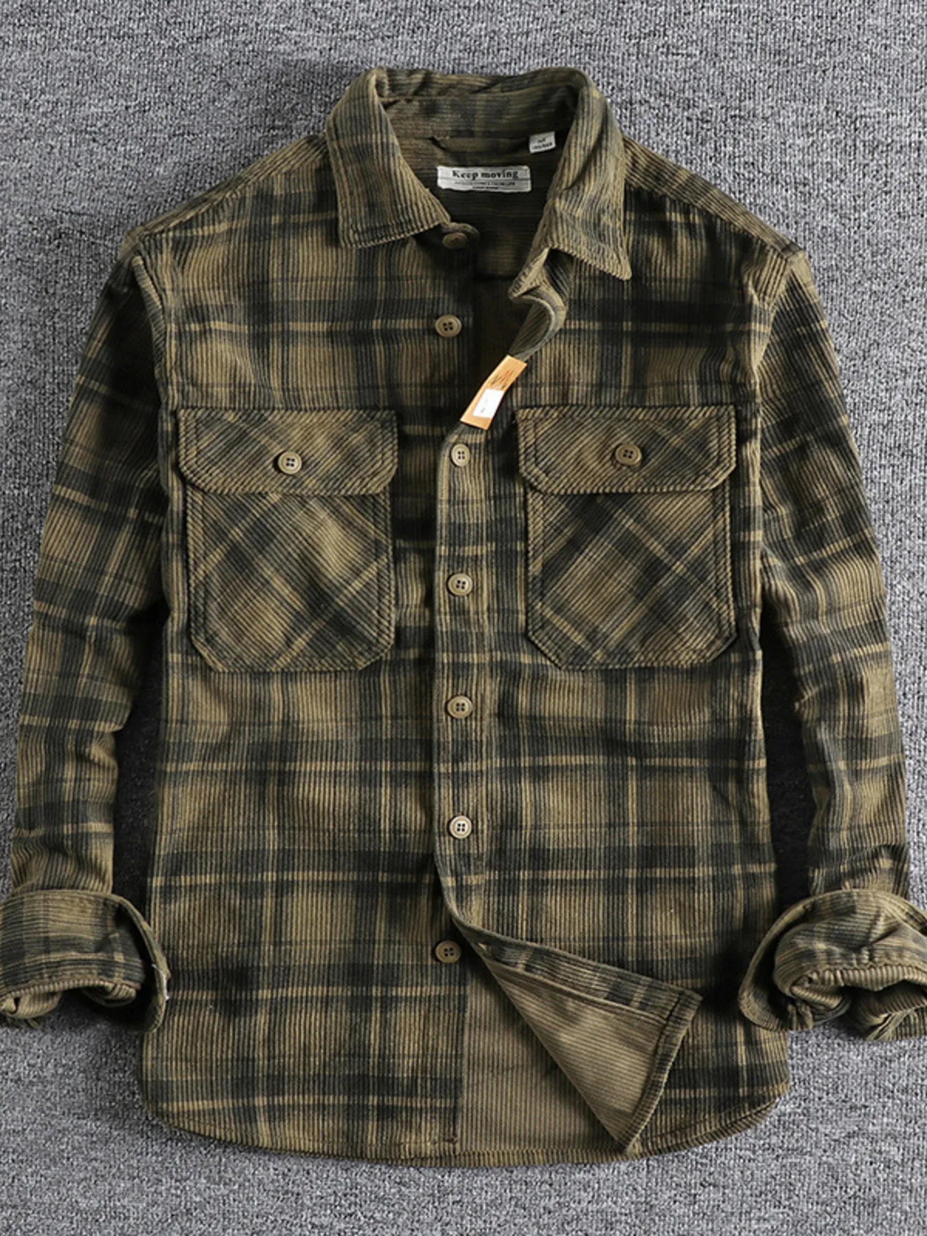 Men's Plus Size Button Down Plaid Corduroy Shirt with Chest Pockets