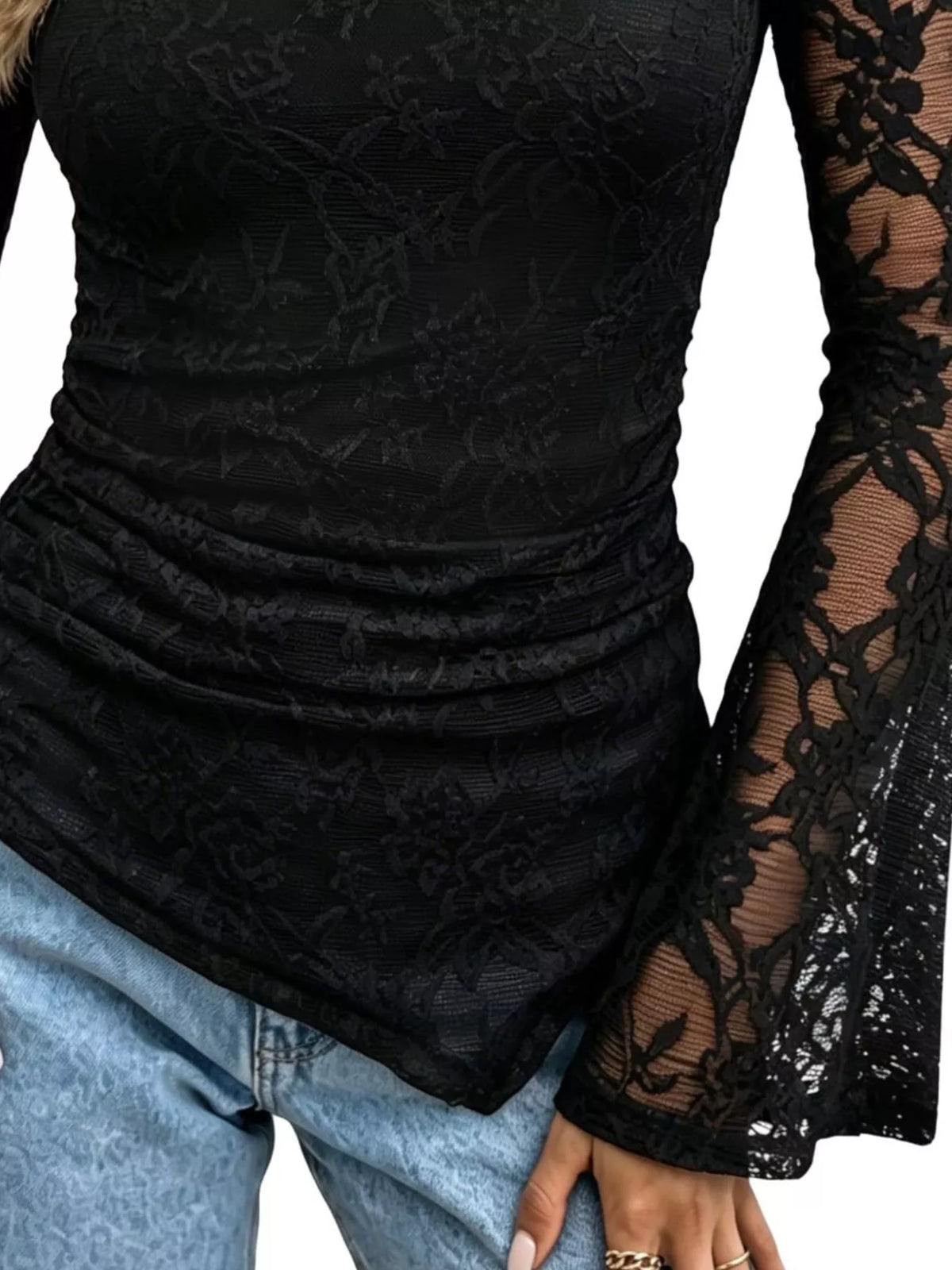 Floral Lace Long Sleeve Blouse with Flared Cuffs