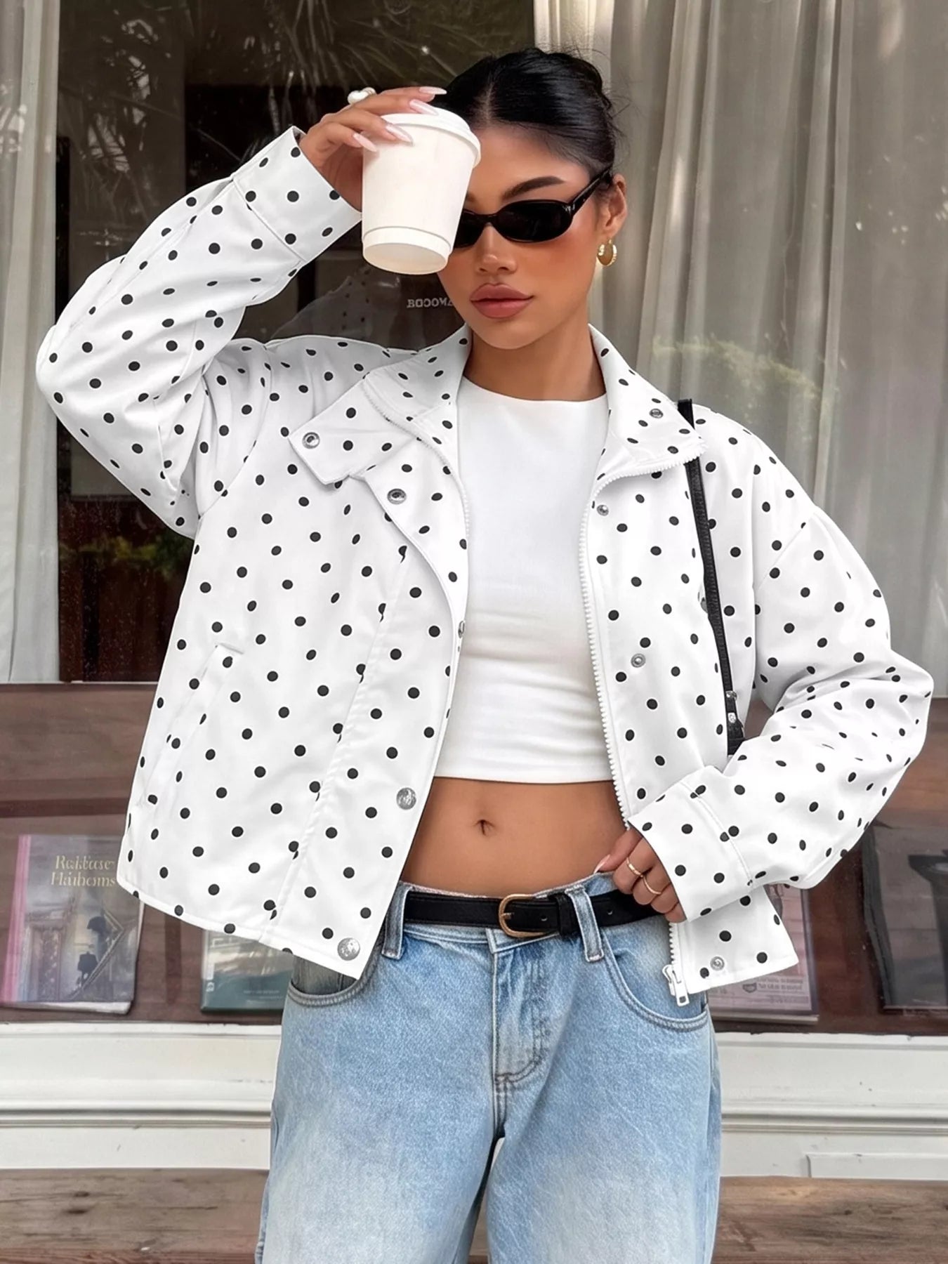 Polka Dot Zip Up Cropped Jacket