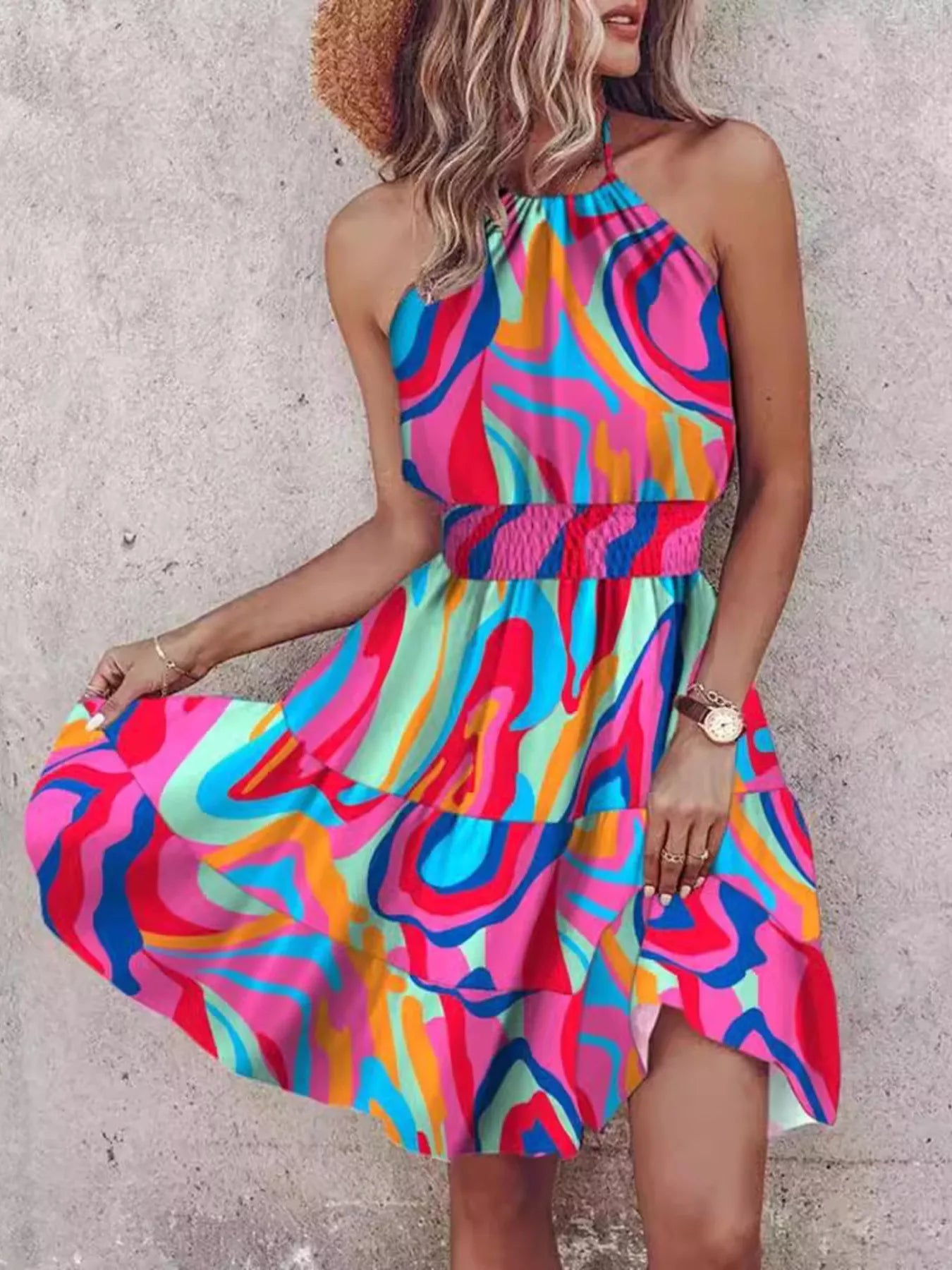 Bohemian Printed Halter Mini Dress
