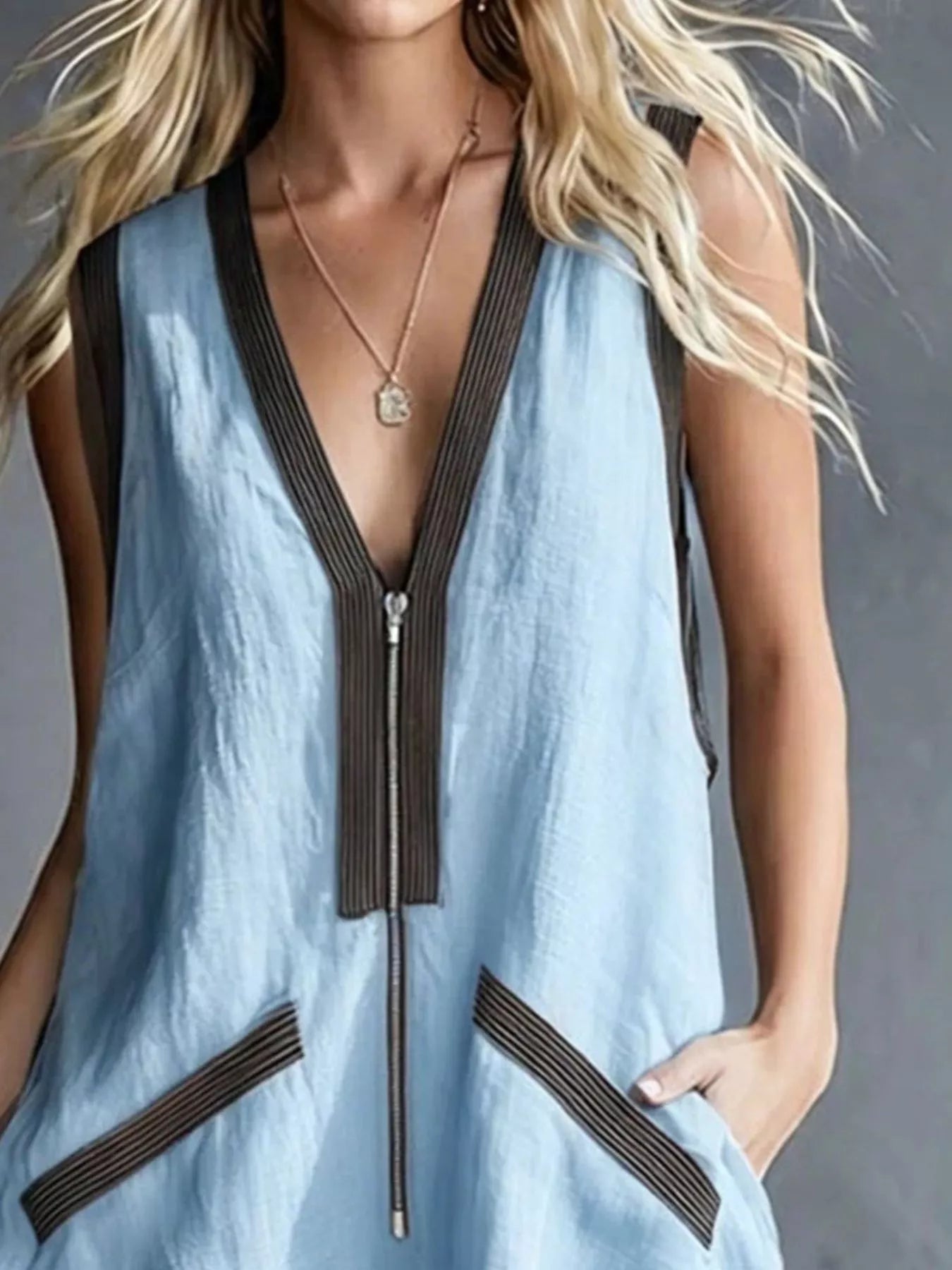 V-Neck Zipper Front Romper with Contrast Trim