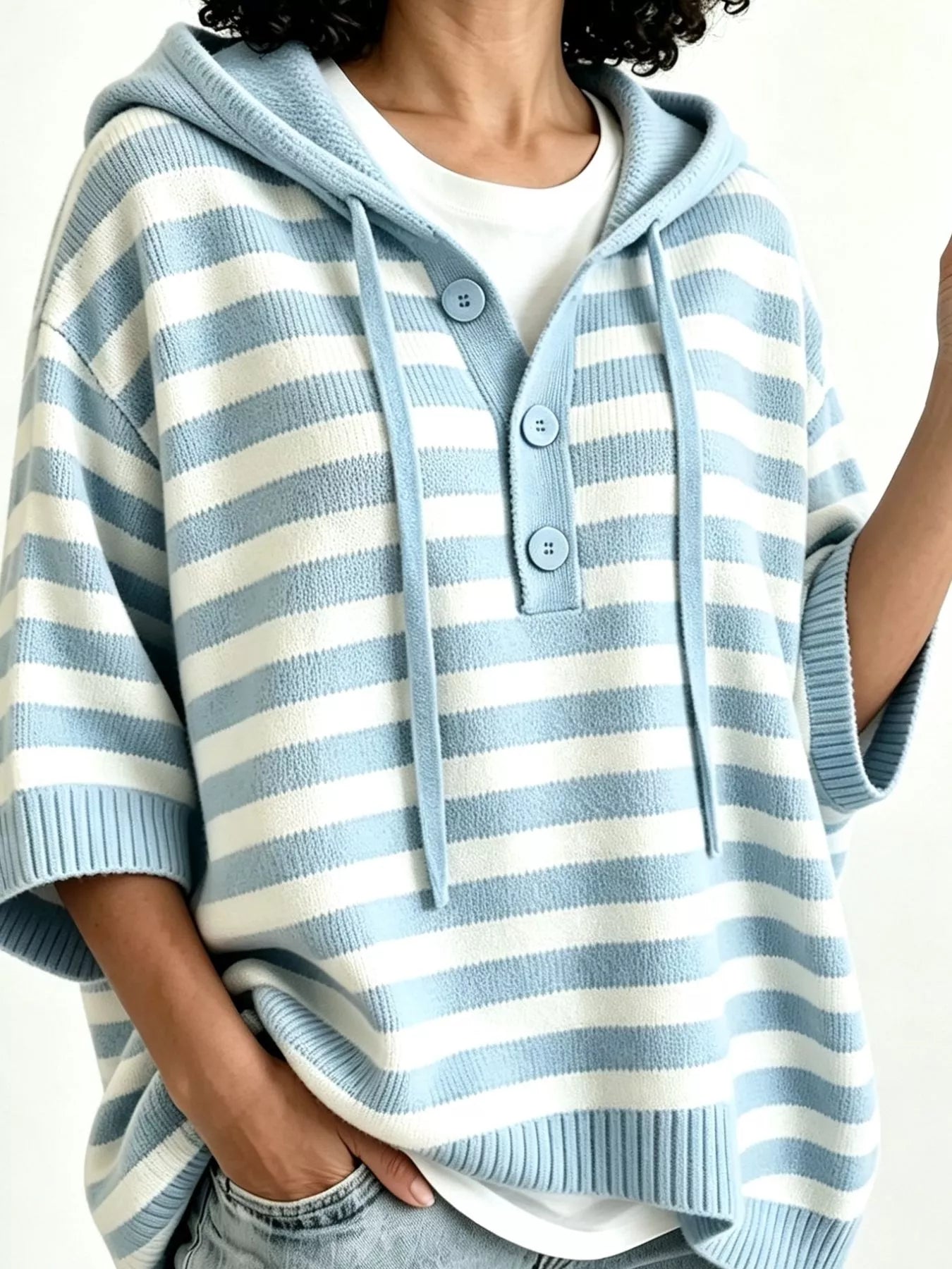 Striped Hooded Sweater with Button Detail