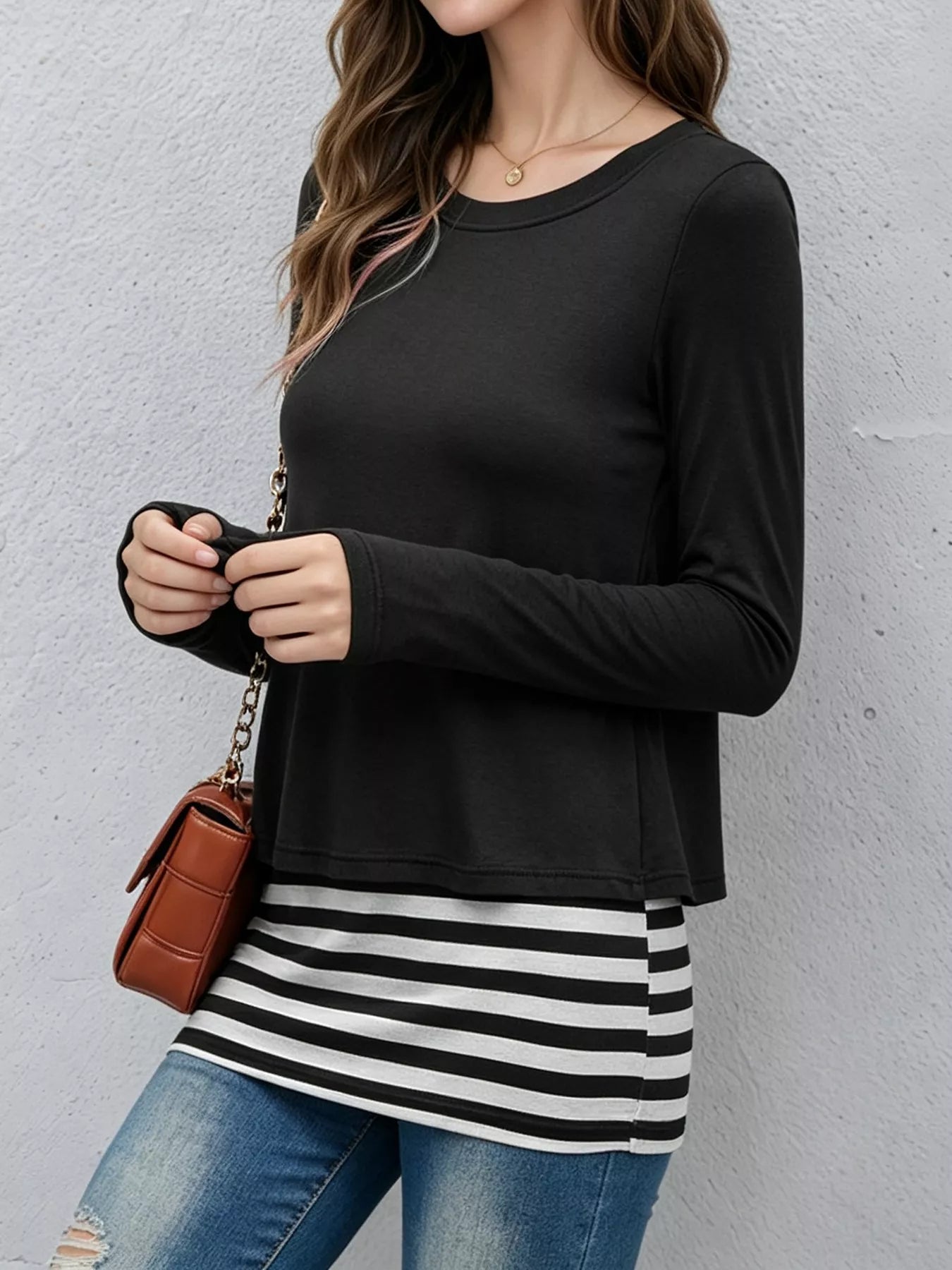 Layered Crew Neck Long Sleeve Striped T-Shirt