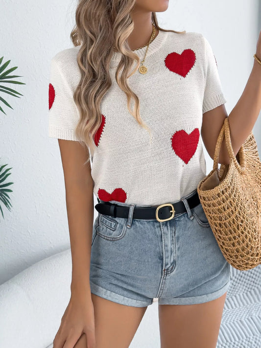 Heart Pattern Short Sleeve Knit Top