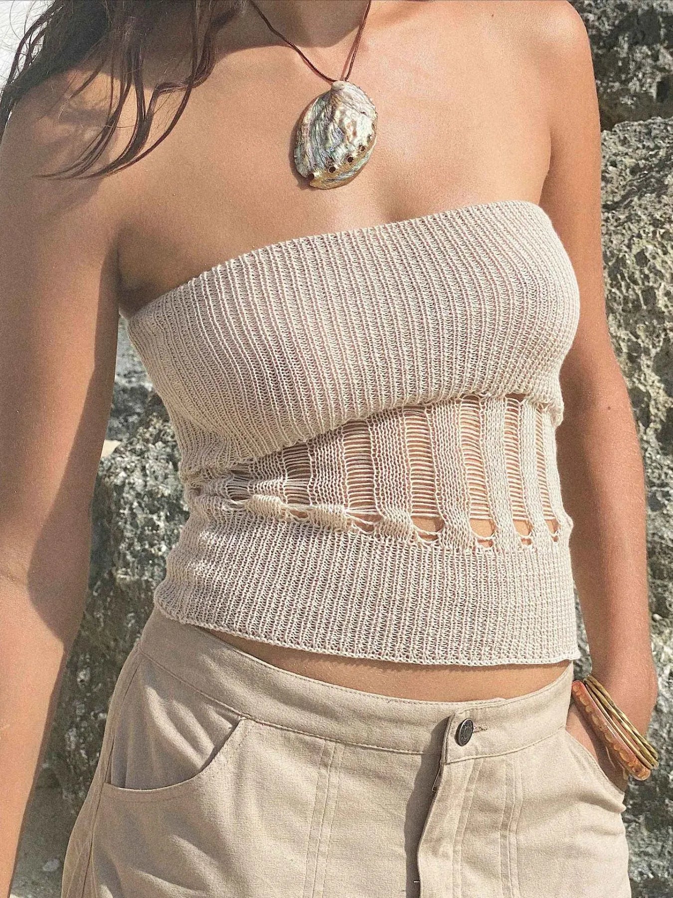 Openwork Knit Tube Top