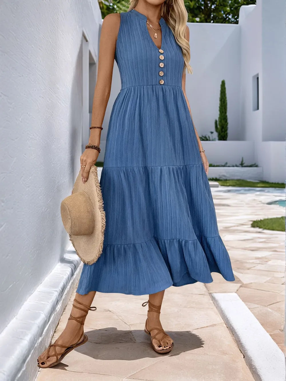 Perfee Decorative Button Notched Sleeveless Tiered Dress
