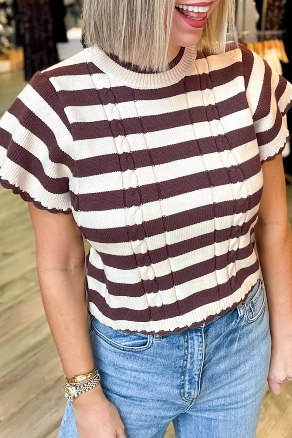 Stripe Ribbed Knit Cable Detail Short Sleeve Sweater