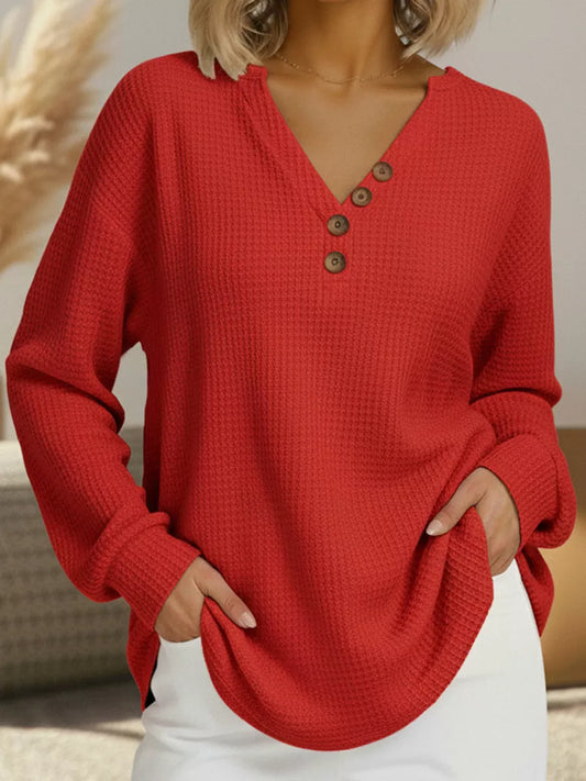 Full Size Waffle Knit V-Neck T-Shirt Plus Size