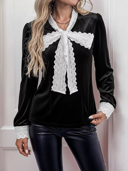 Lace Bow Tie Velvet Blouse