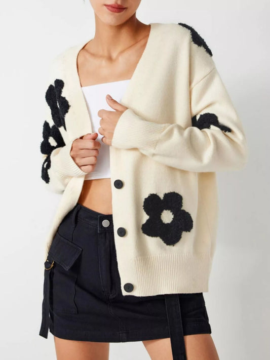 Button Down Floral Applique Knit Cardigan
