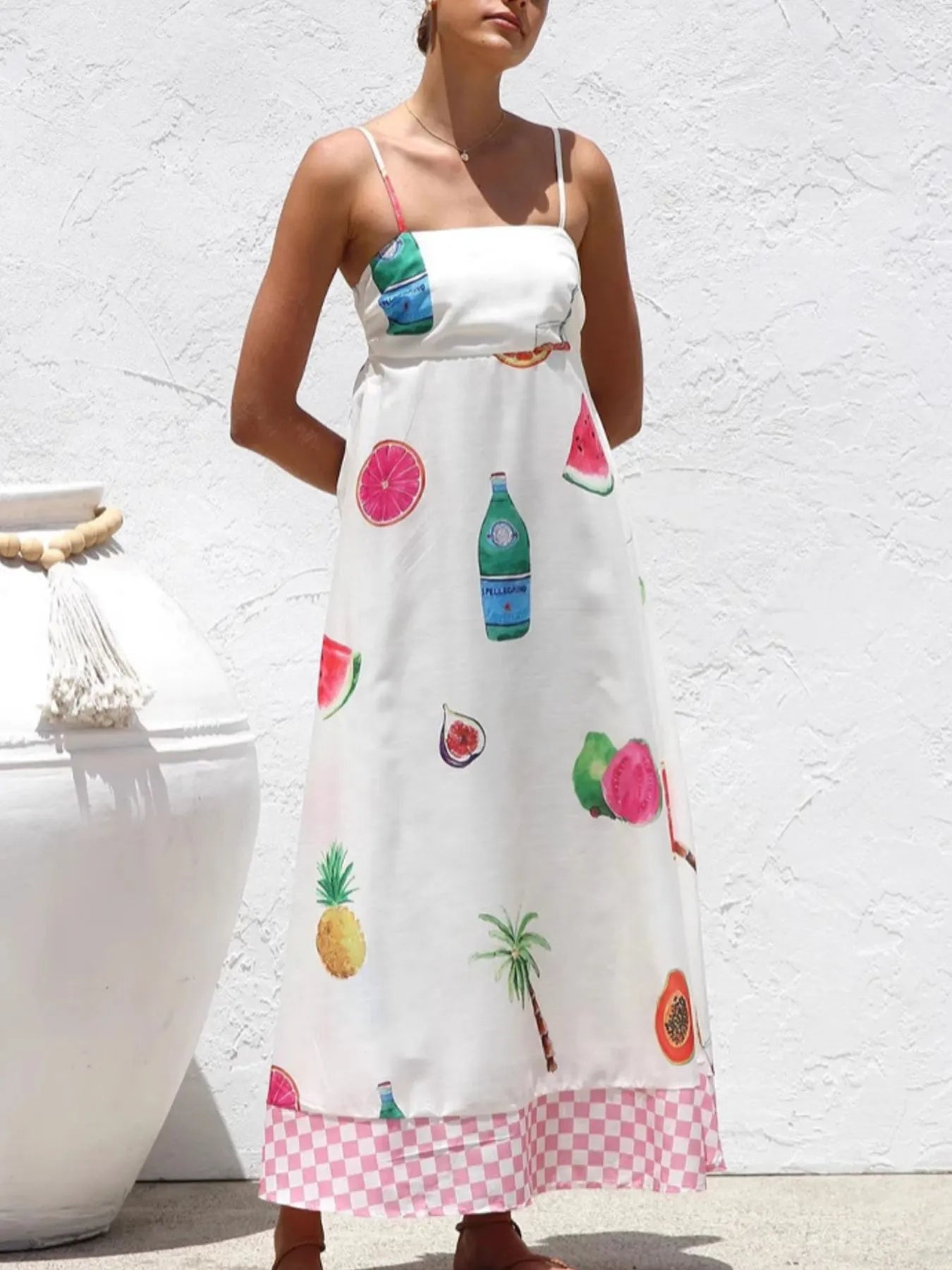 Printed Checkered Hem Cami Midi Dress