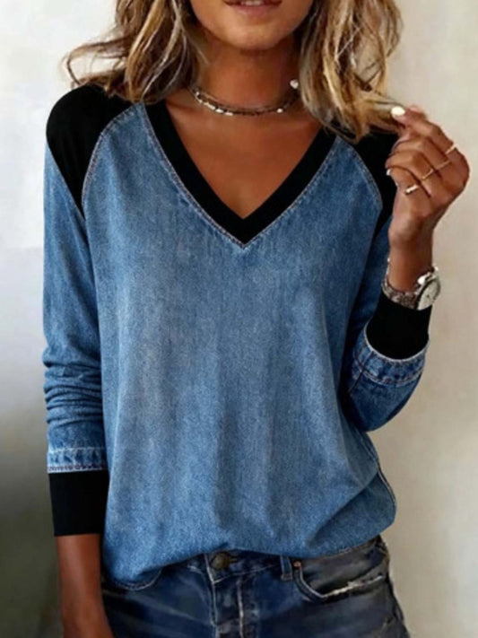Full Size Patchwork V-Neck Long Sleeve Blouse Plus Size