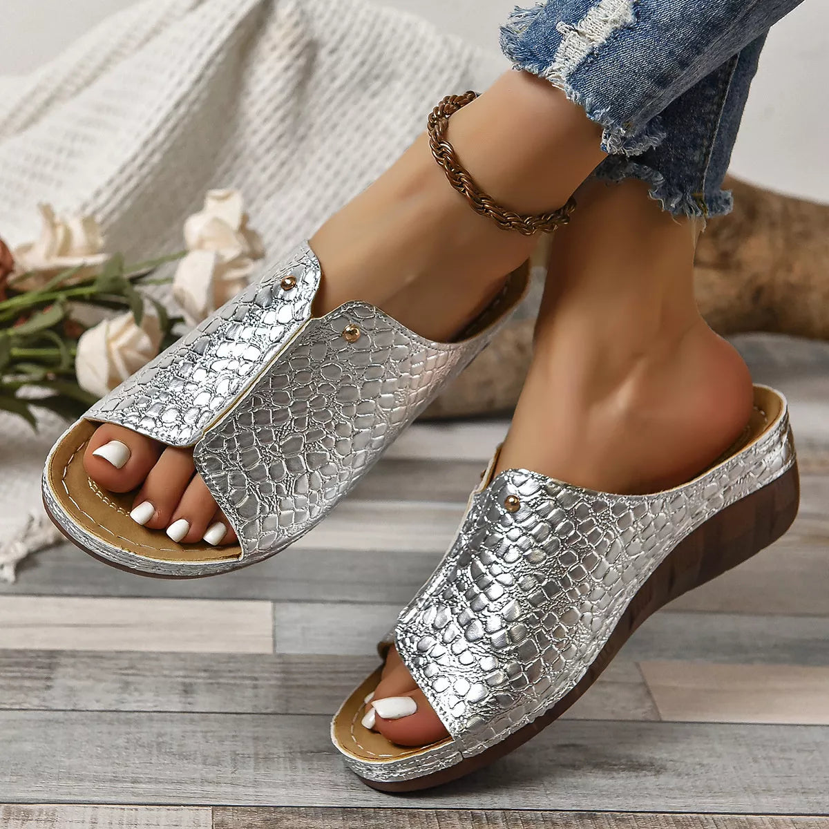 Crocodile-Embossed Wedge Sandals