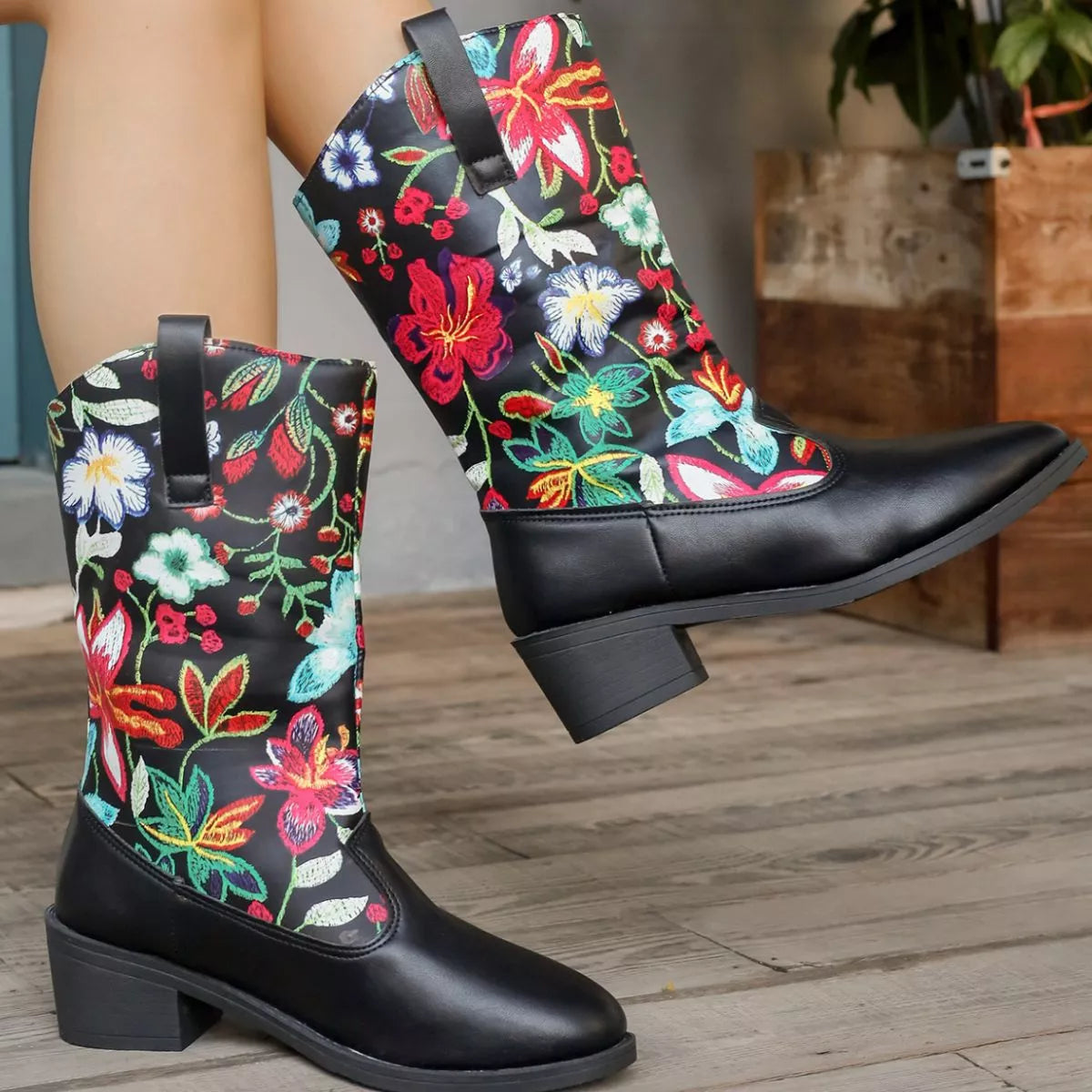 Floral Block Heel Boots