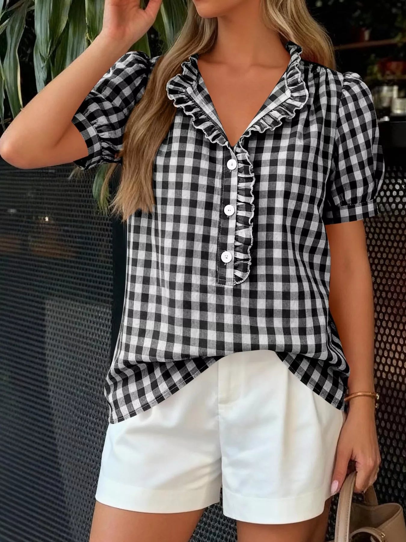 Gingham Button Front Puff Sleeve Blouse