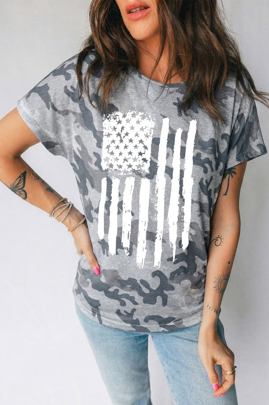 Camouflage Retro American Flag Printed Tee