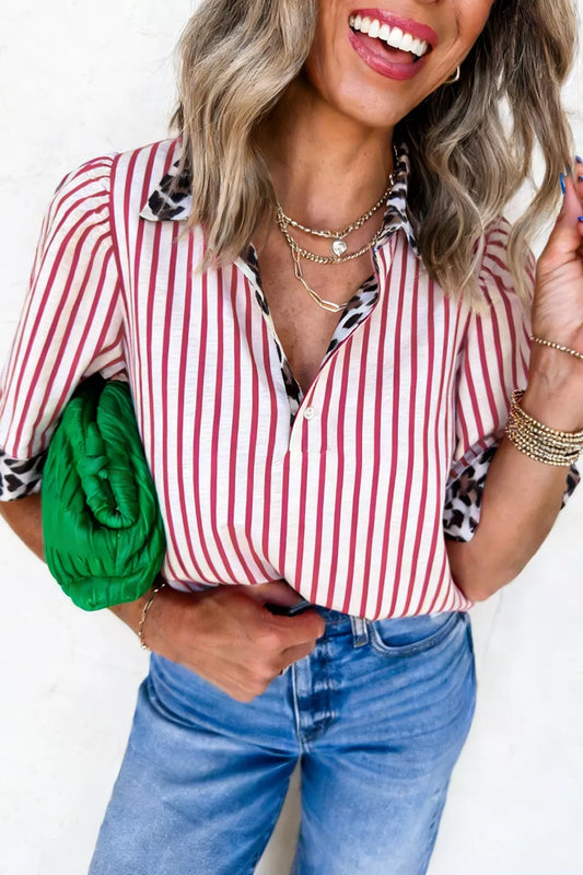 Leopard Trim Striped Button Up Shirt