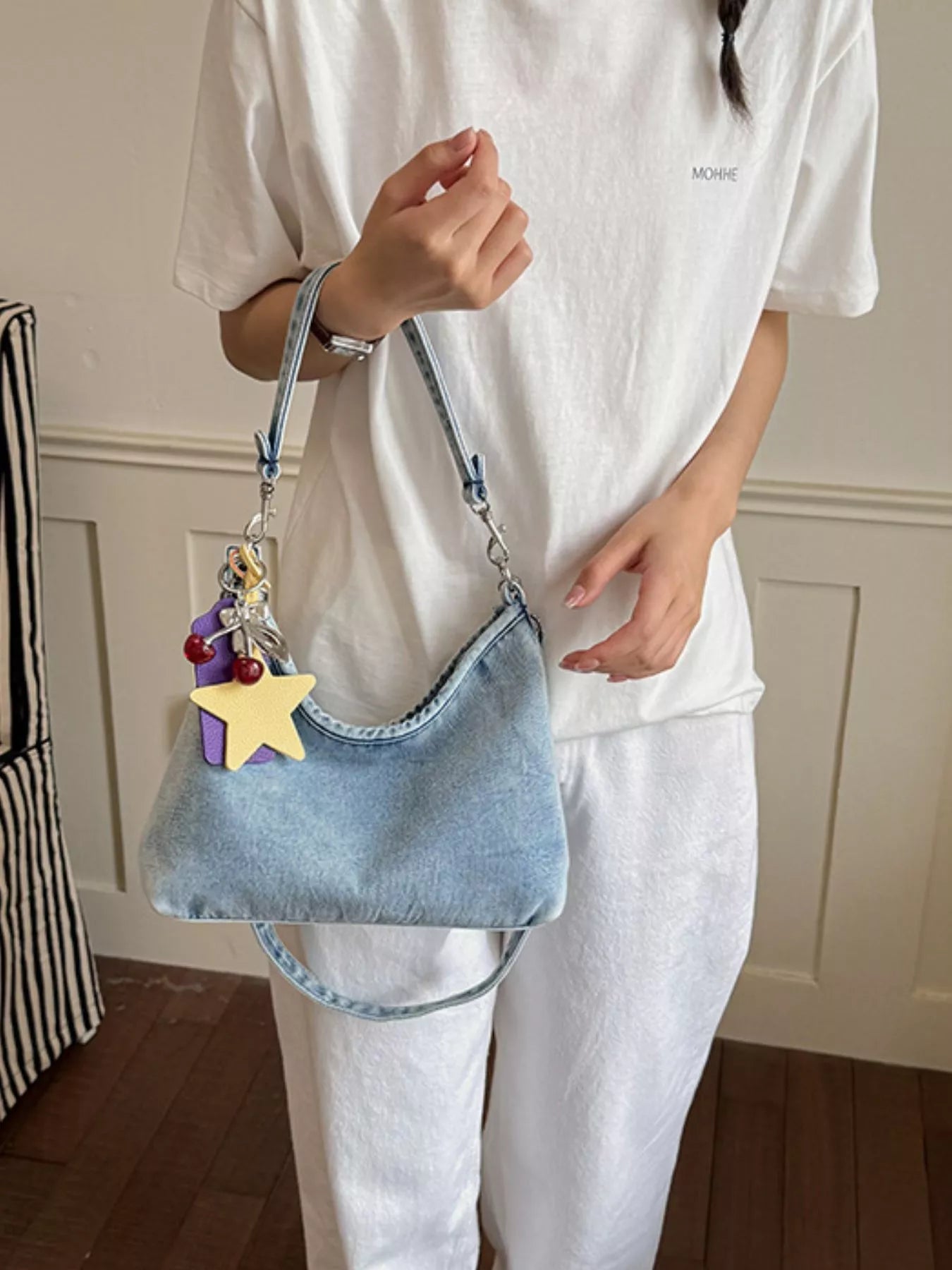 Star Charm Denim Shoulder Bag